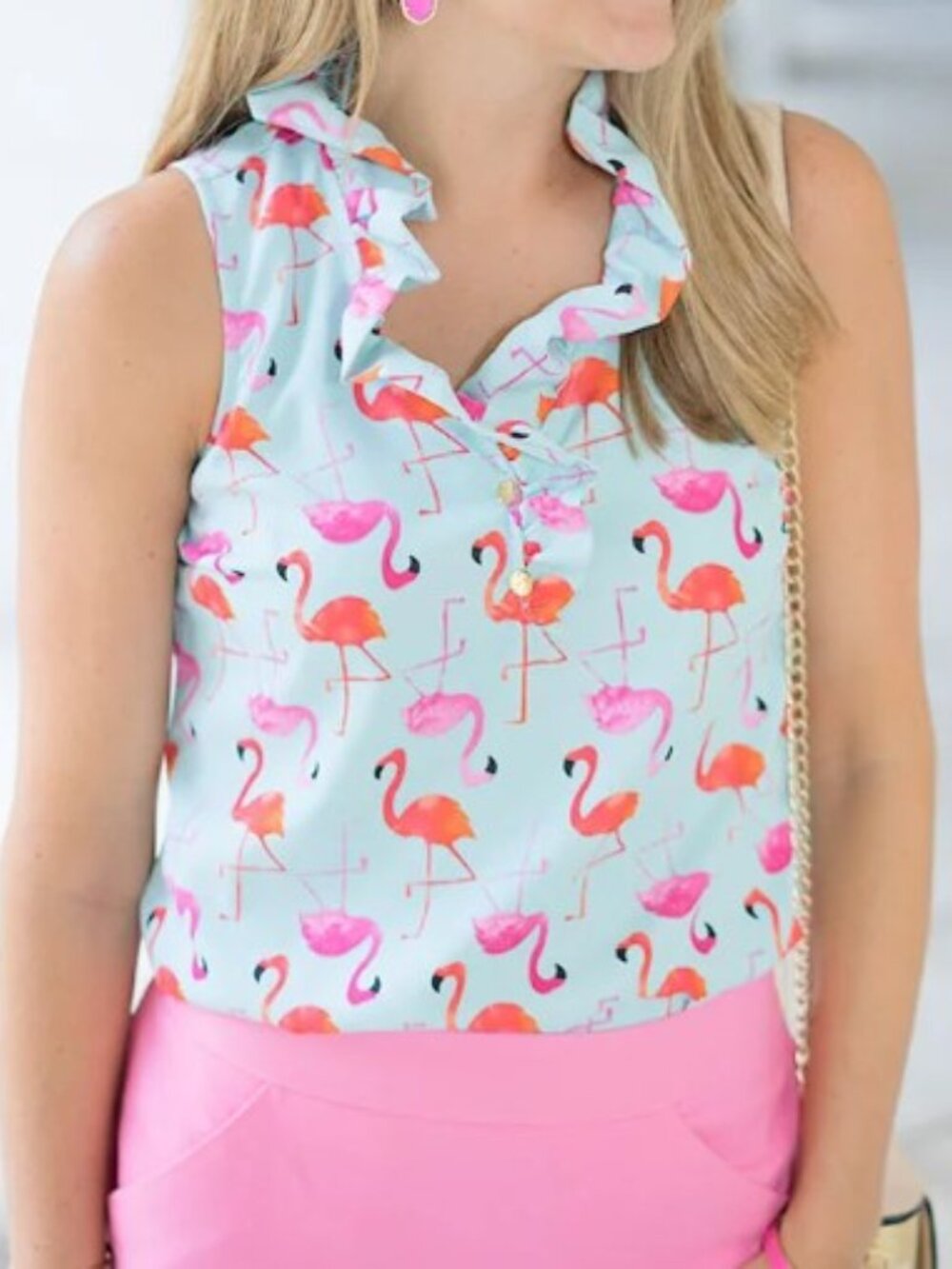 Mudpie Women's Mint Flamingo Ruffle Neck Tank Top - Size Medium